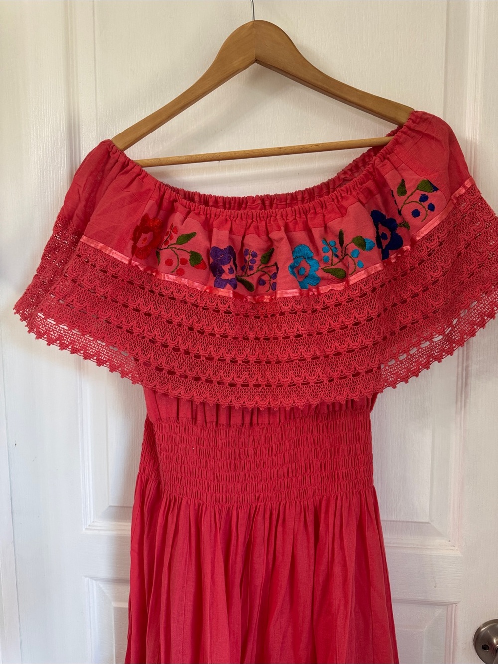 Mexican Coral Embroidered Off-Shoulder Dress - Picture 6 of 8